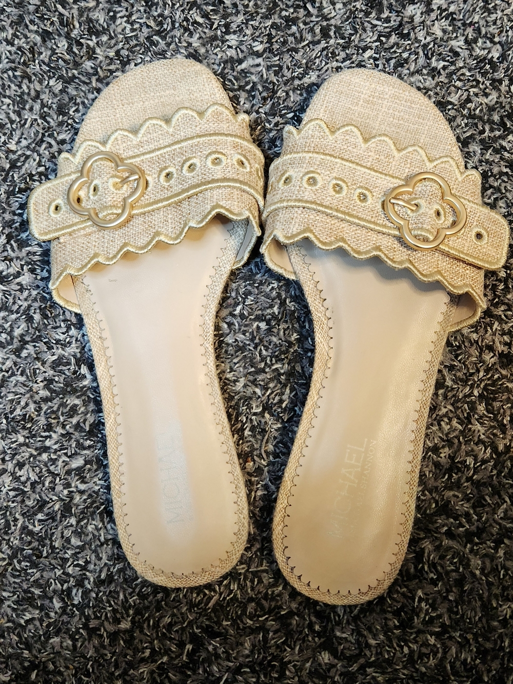 Michael Shannon Beige Scalloped Slide Mules with Floral Buckle